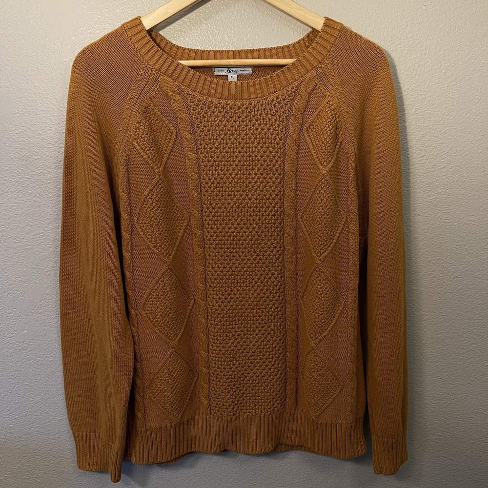 Bass Women's‎ Cable Knit Crewneck Sweater 100% Cotton Ochre Mustard Size XL